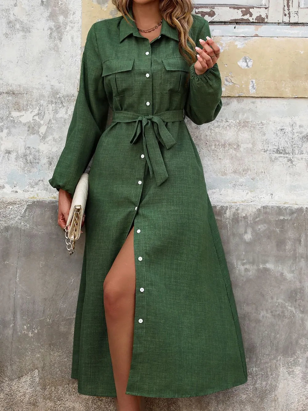Vestido camisero midi de manga larga con cinturón y bolsillos