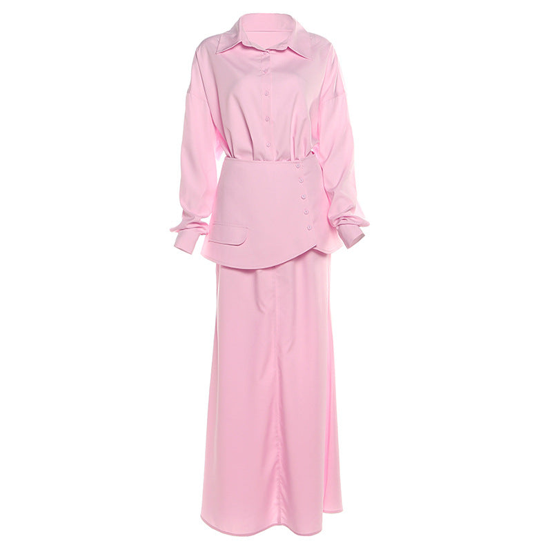 Conjunto elegante de camisa larga y vestido