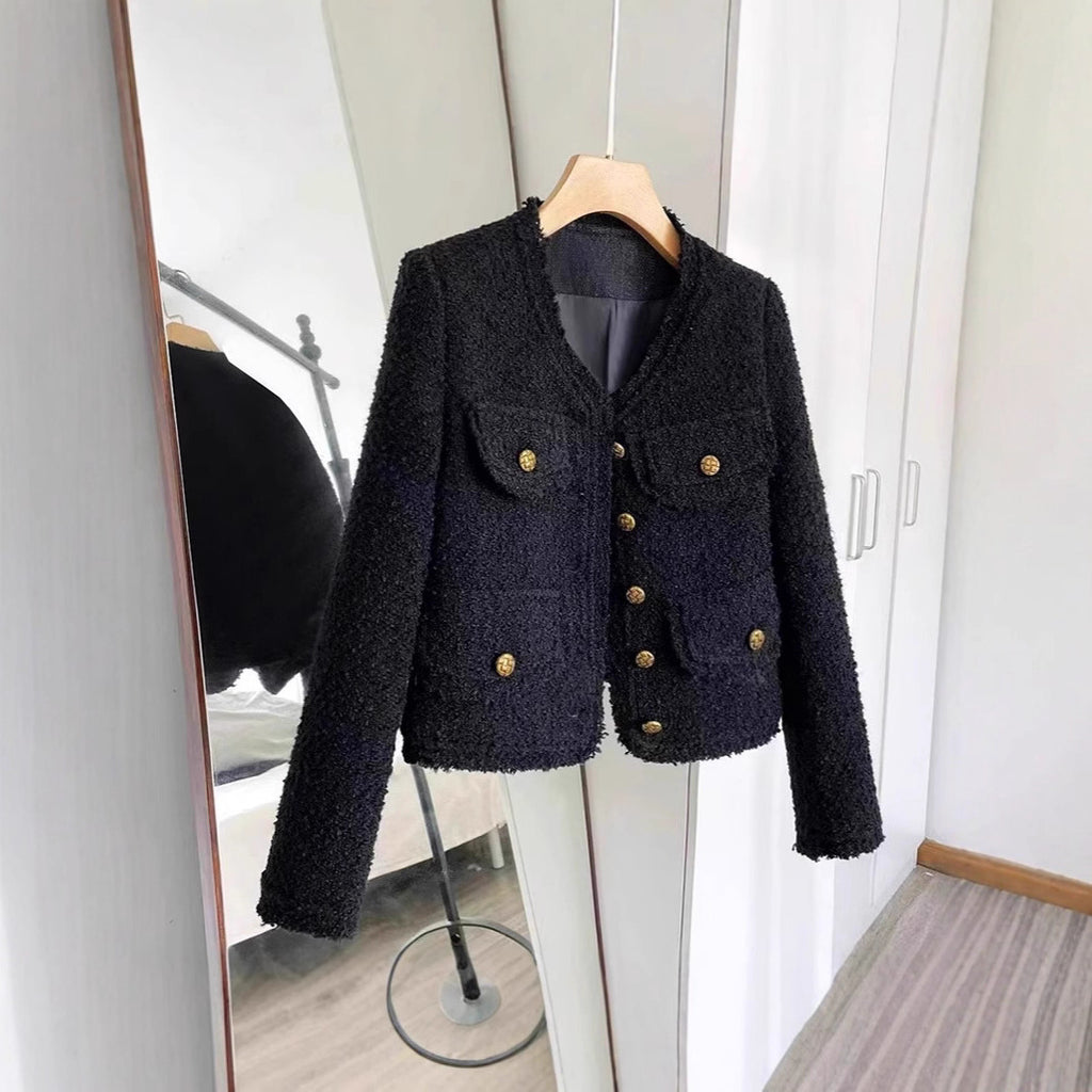 Blazer corto negro de tweed con manga larga