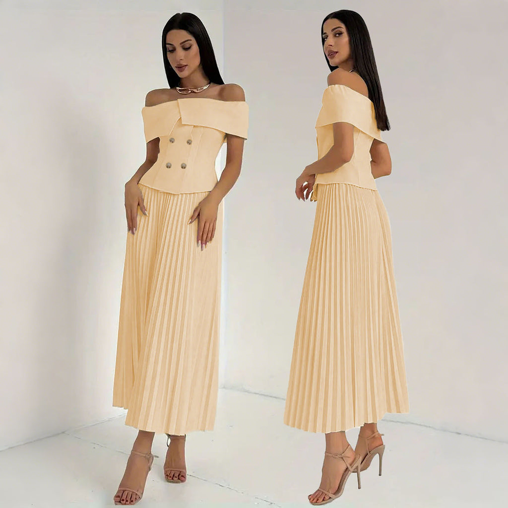 Conjunto elegante con top de hombros descubiertos y falda plisada