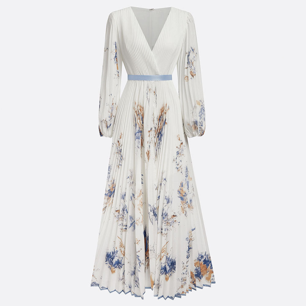 Vestido largo floral de manga larga con escote en V