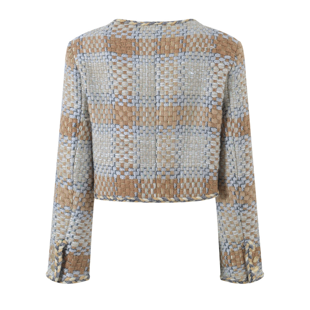 Chaqueta corta de tweed a cuadros con cuello redondo