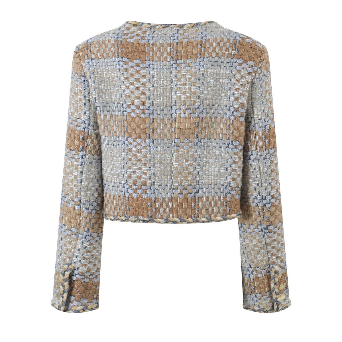 Chaqueta corta de tweed a cuadros con cuello redondo