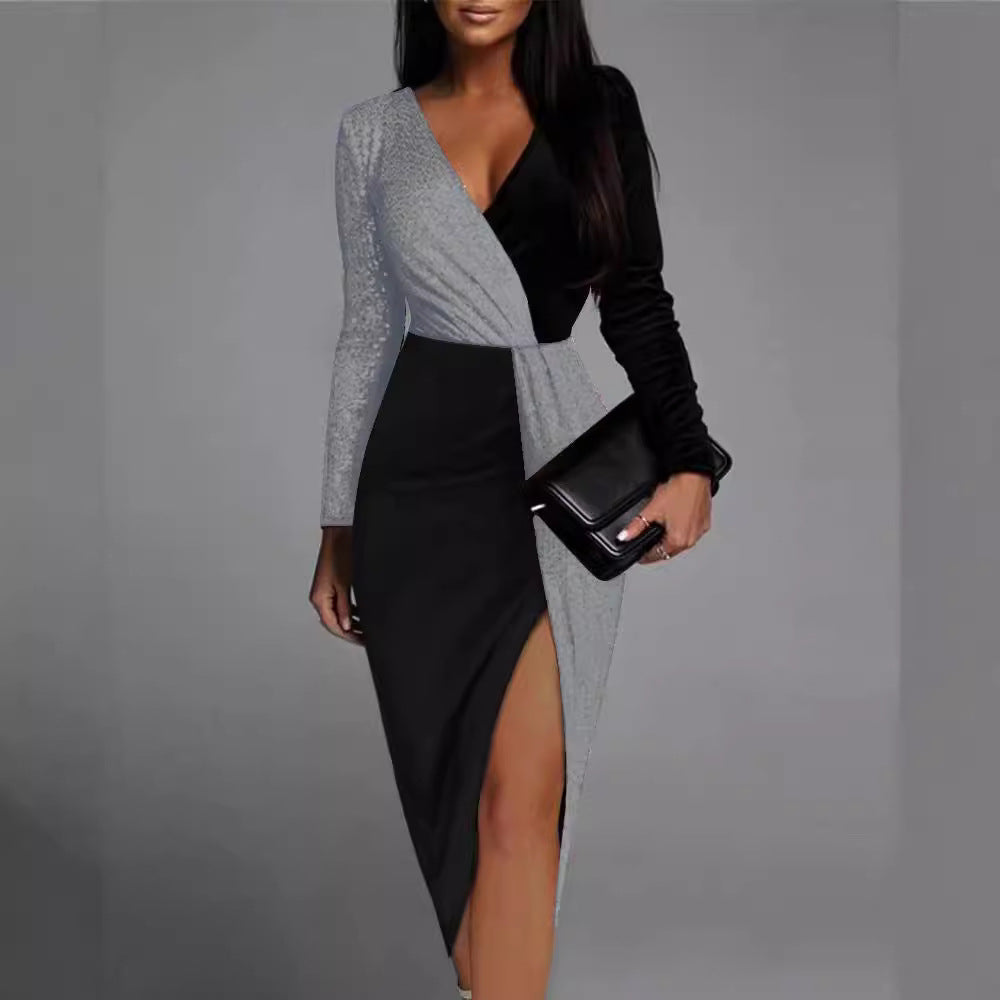 Vestido negro de manga larga con escote en V y lentejuelas
