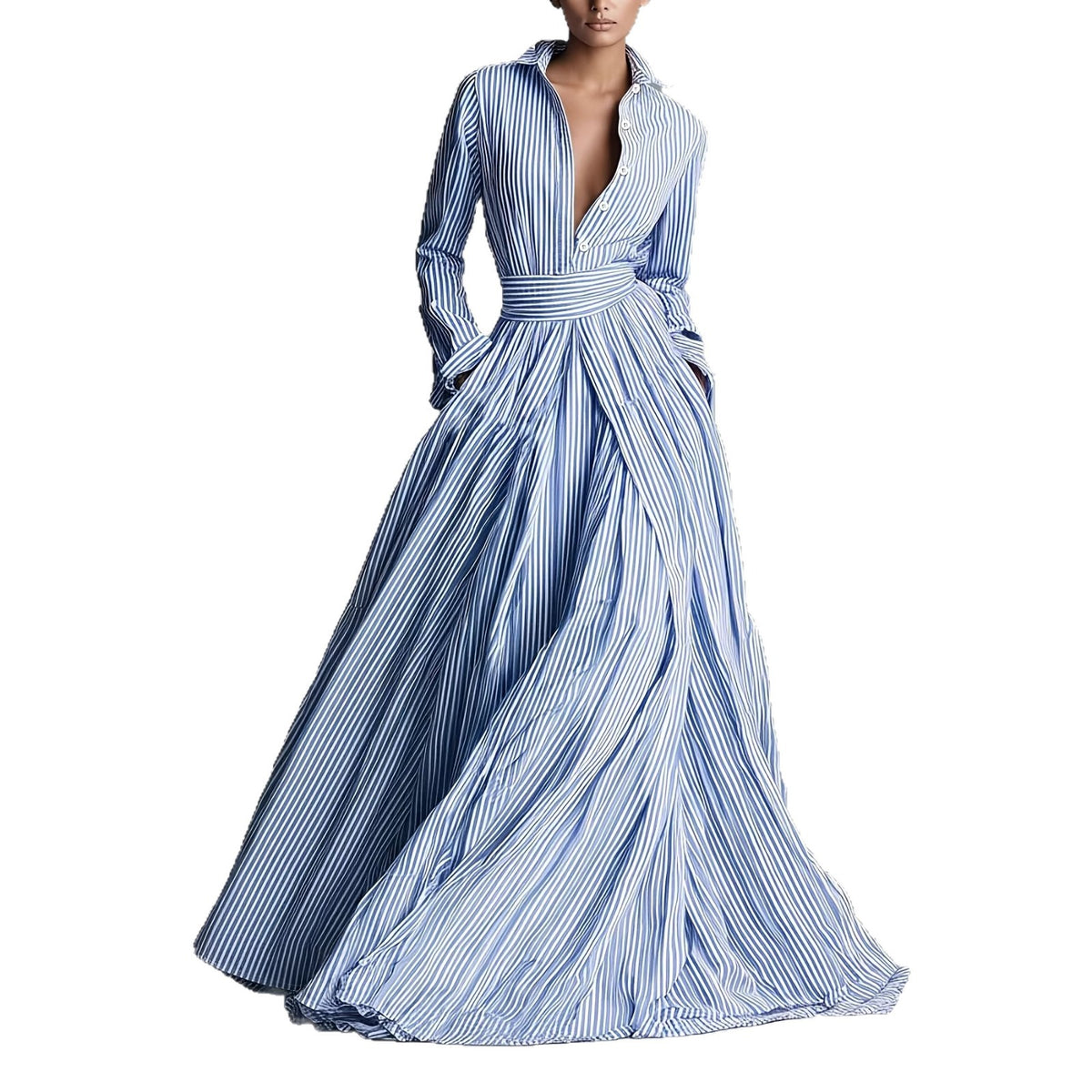 Vestido camisero largo a rayas con cinturón y bolsillos
