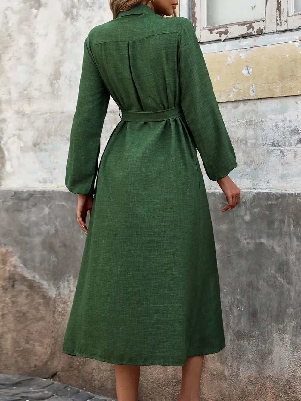 Vestido camisero midi de manga larga con cinturón y bolsillos