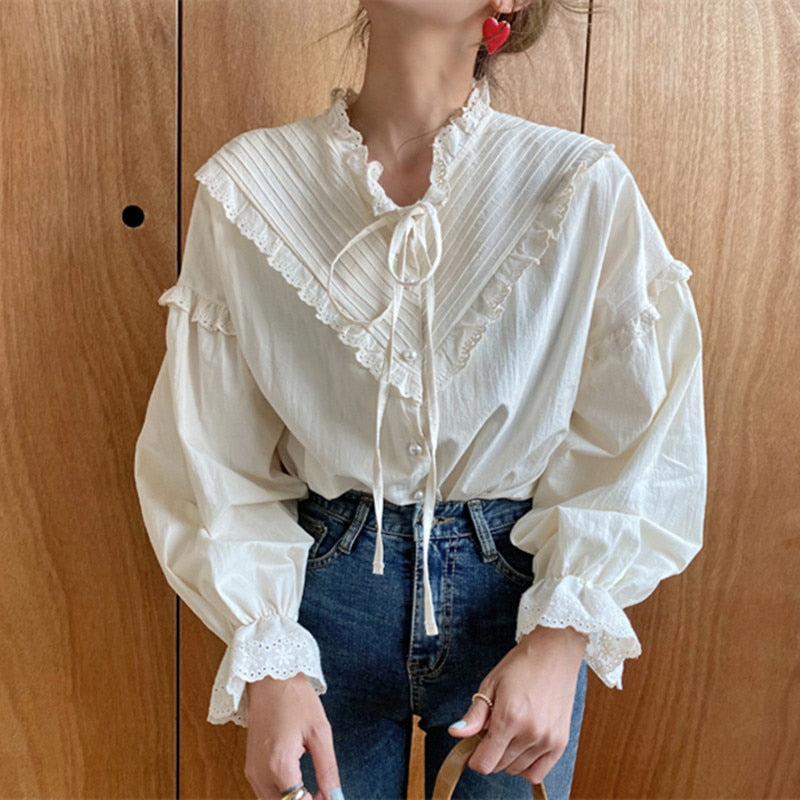 Blusa vintage calada de manga larga y corte holgado