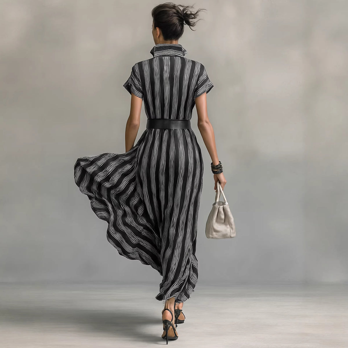 Vestido camisero midi a rayas de manga corta