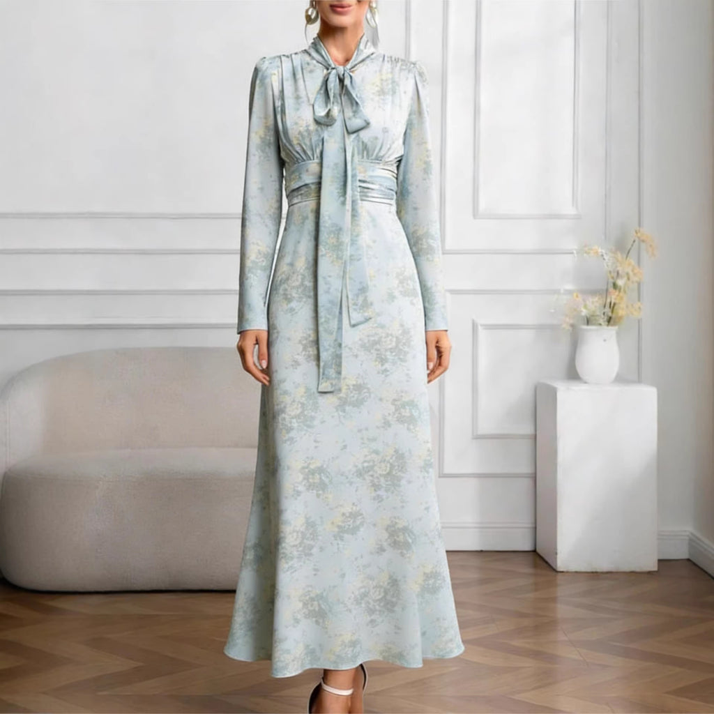Vestido largo floral de manga larga con lazada en la cintura