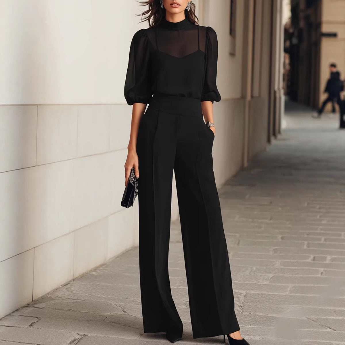Conjunto elegante de tres piezas con pantalón ancho
