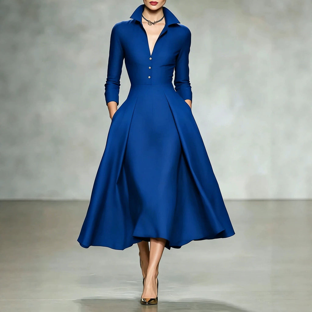 Vestido de manga larga con escote en V y cintura entallada