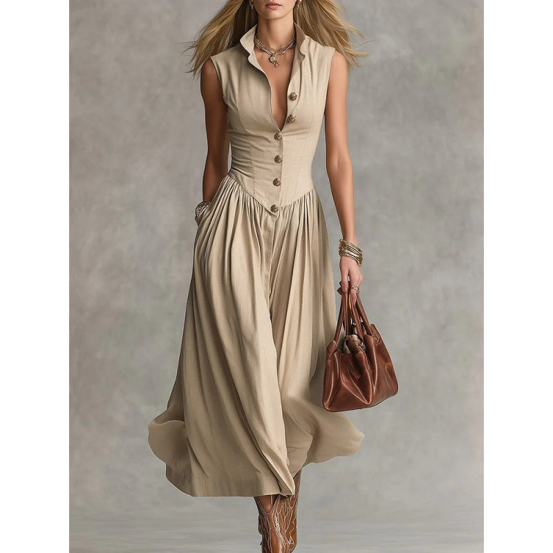 Vestido largo de estilo francés sin mangas con cuello camisero