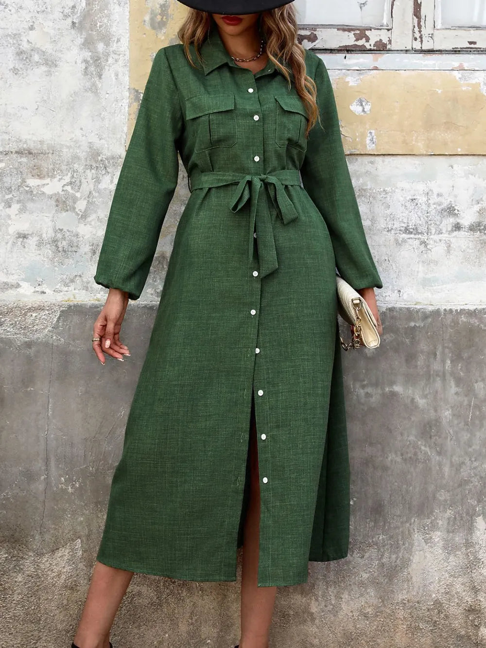 Vestido camisero midi de manga larga con cinturón y bolsillos