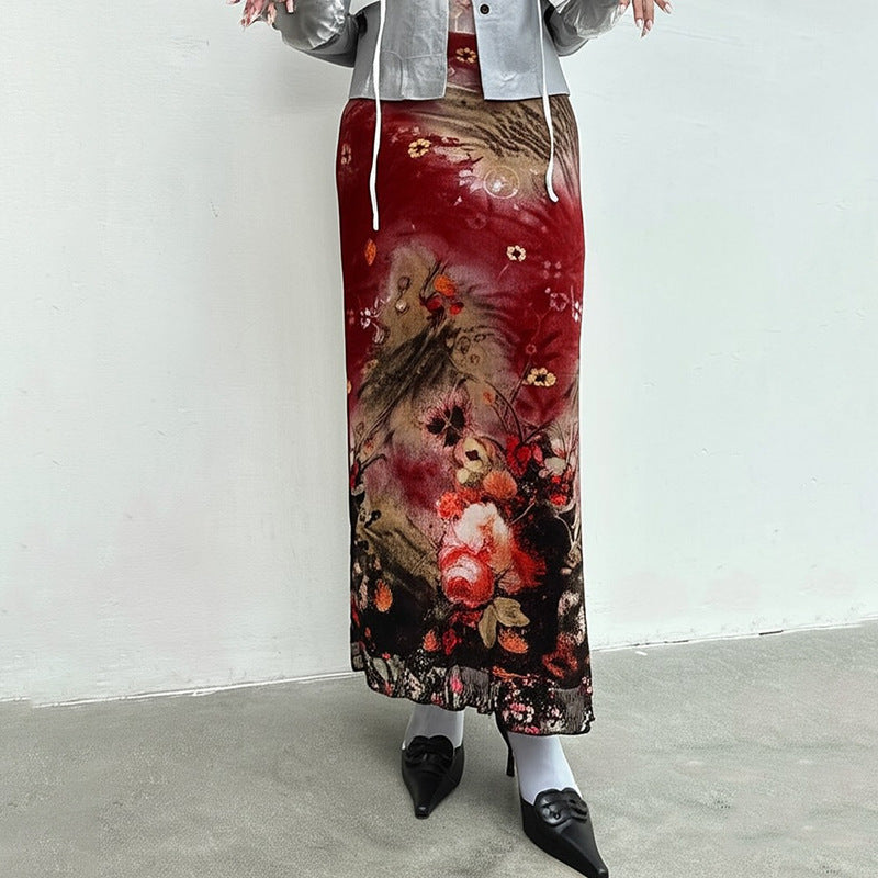 Falda midi roja de cintura alta con estampado floral