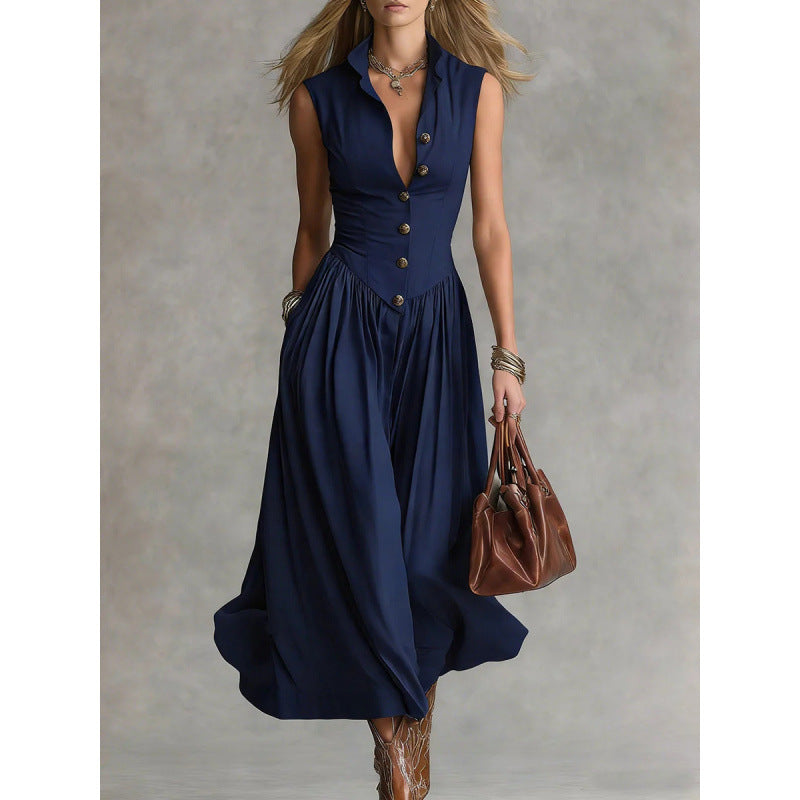 Vestido largo de estilo francés sin mangas con cuello camisero