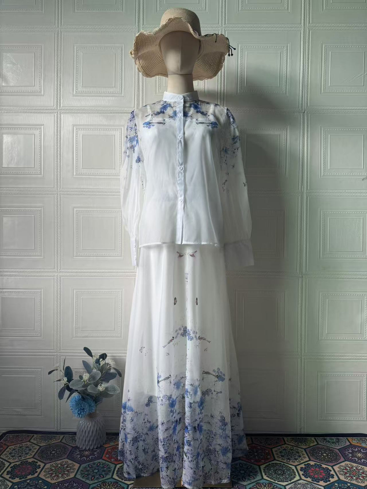 Vestido largo floral de estilo vintage con manga larga