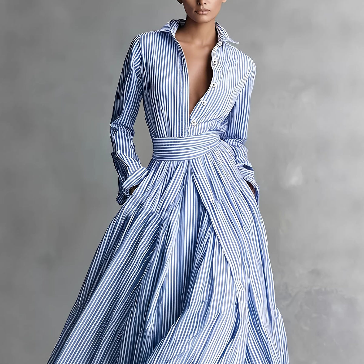 Vestido camisero largo a rayas con cinturón y bolsillos