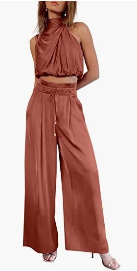 Conjunto de verano de top corto sin mangas y pantalón ancho