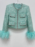 Chaqueta de lentejuelas con ribete de plumas