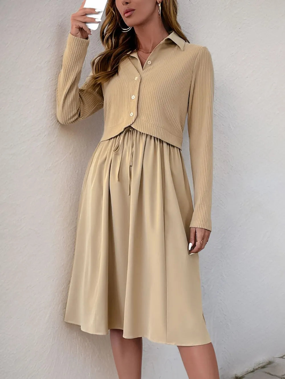 Vestido midi efecto dos piezas con cuello camisero