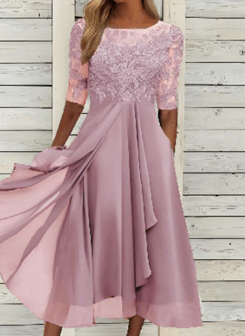 Vestido largo de gasa y encaje con detalles calados