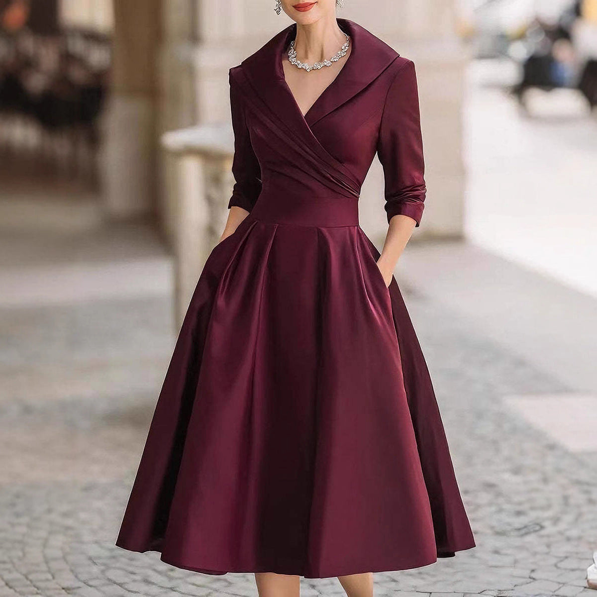 Vestido largo formal entallado de manga larga con cuello camisero
