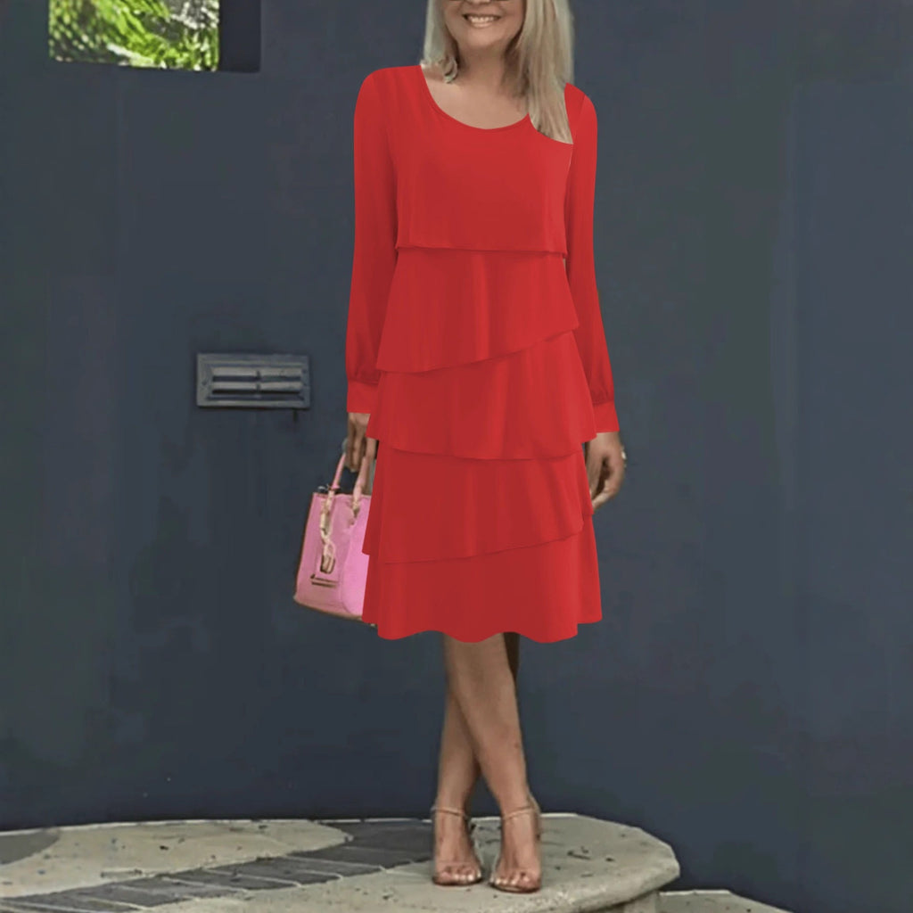 Vestido midi de gasa con falda plisada y manga larga