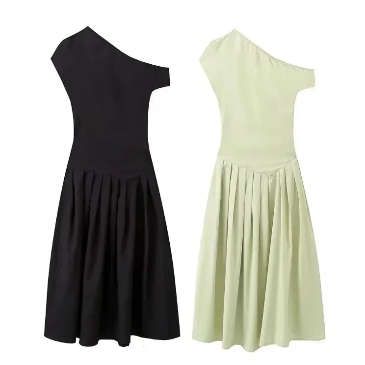 Vestido largo evasé de cintura alta con abertura