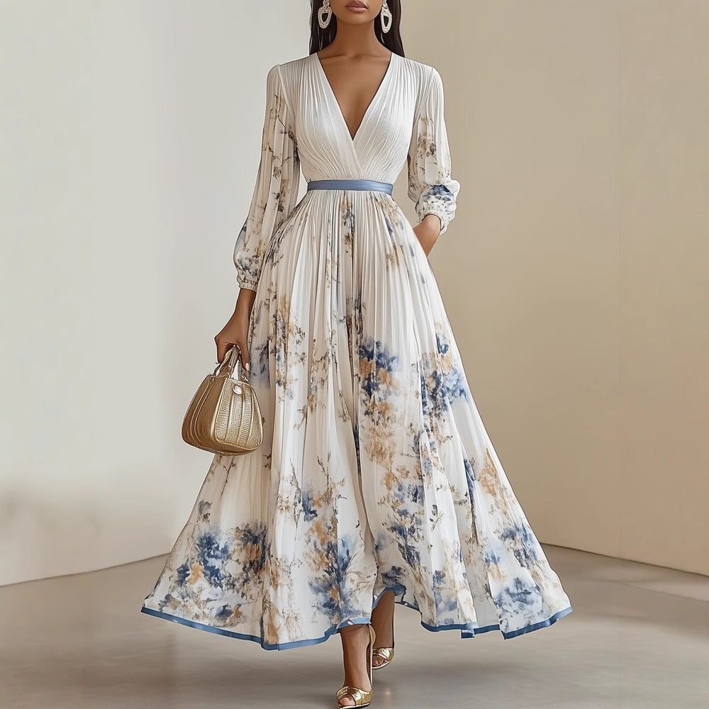 Vestido largo floral de manga larga con escote en V