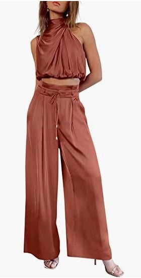 Conjunto de verano de top corto sin mangas y pantalón ancho