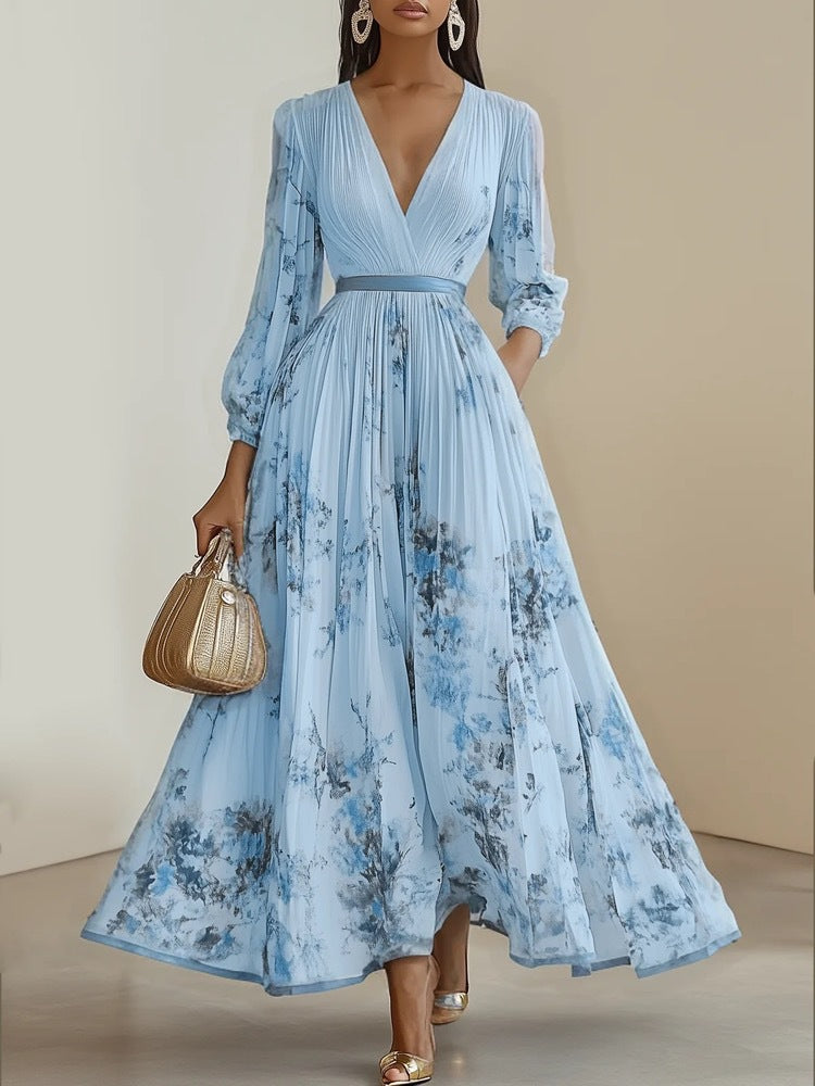 Vestido largo floral de manga larga con escote en V