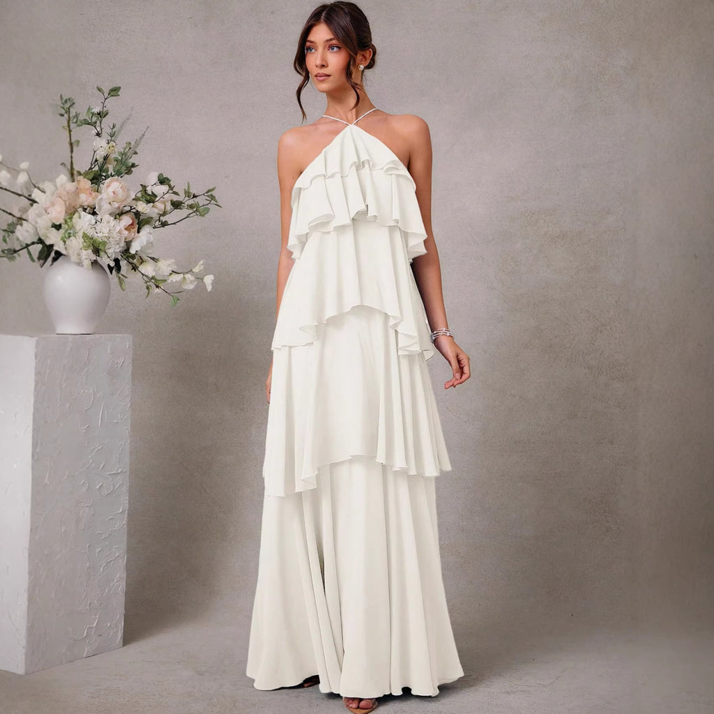 Vestido largo elegante sin mangas con cuello halter