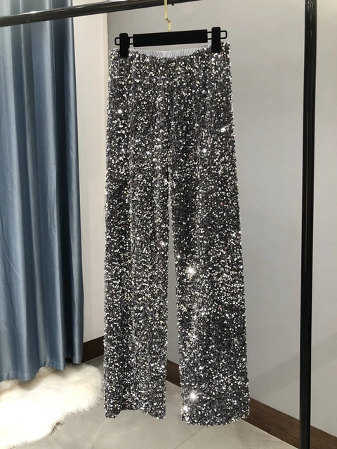 Pantalón brillante de cintura alta y pierna ancha