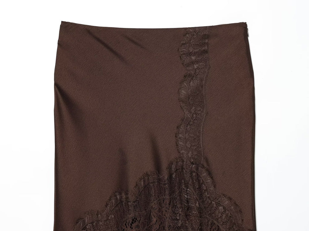 Falda midi satinada con encaje