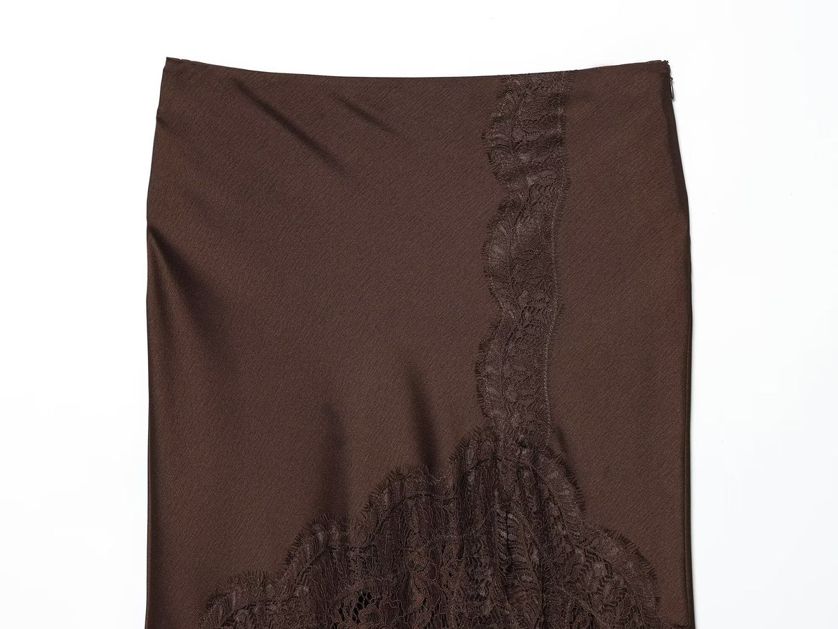 Falda midi satinada con encaje