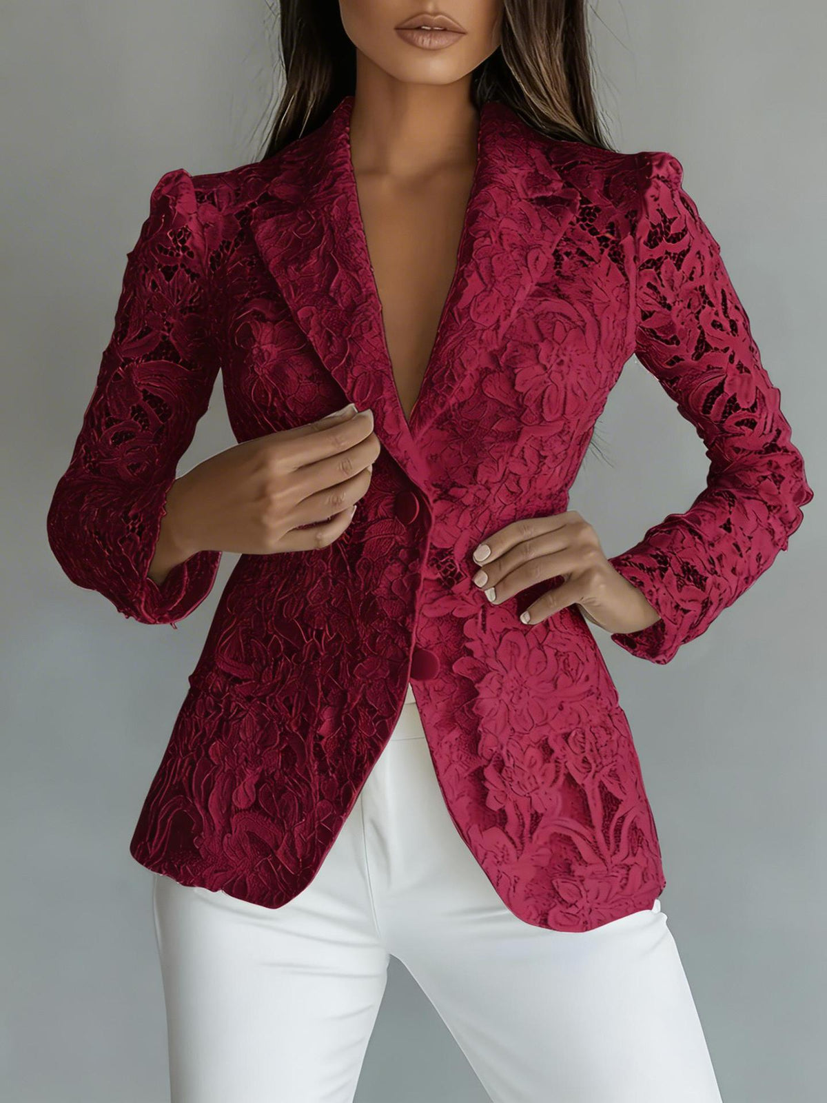 Blazer de encaje semitransparente con escote en V
