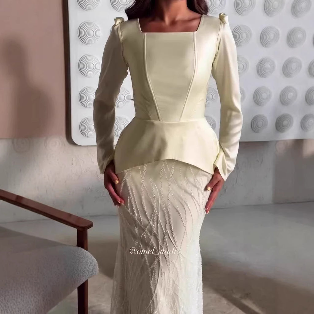 Vestido largo elegante de manga larga con pedrería