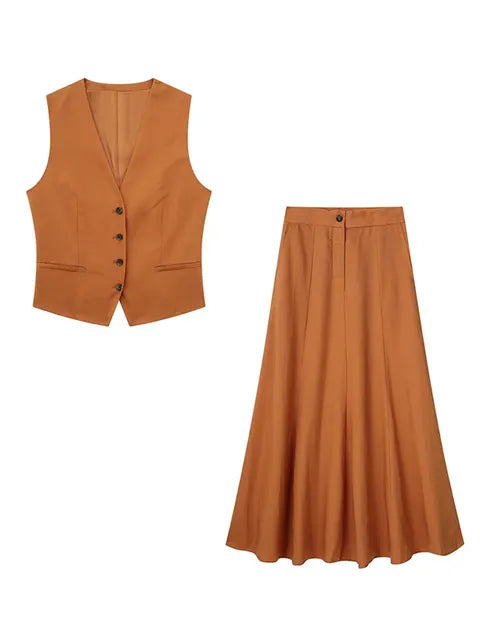 Conjunto elegante de chaleco y falda midi