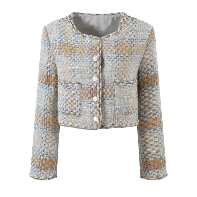 Chaqueta corta de tweed a cuadros con cuello redondo