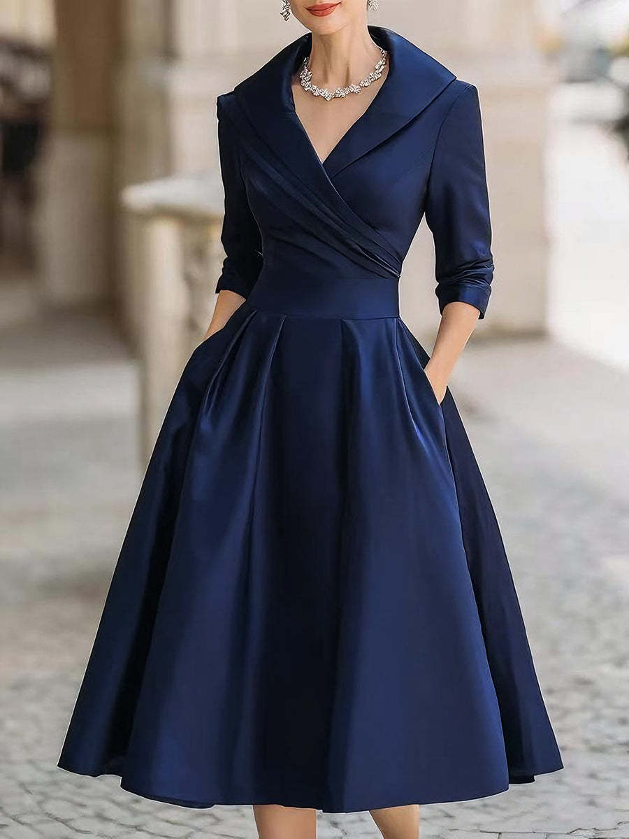 Vestido largo formal entallado de manga larga con cuello camisero