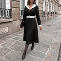 Vestido largo elegante con escote en V, manga larga y cinturón