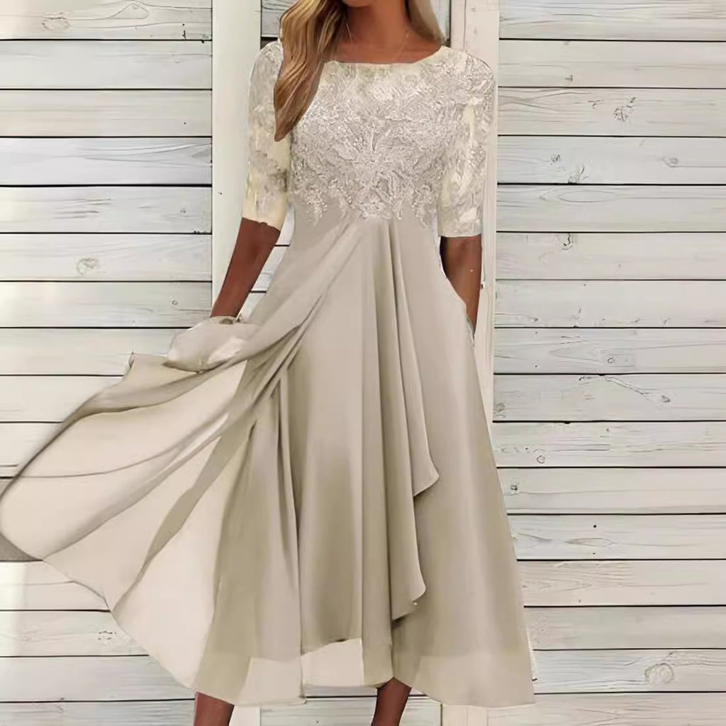 Vestido largo de gasa y encaje con detalles calados