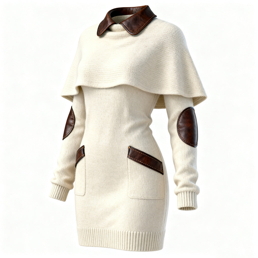 Vestido de punto beige con chal