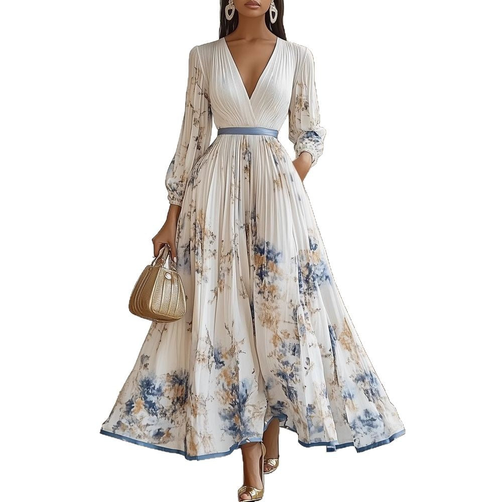 Vestido largo floral de manga larga con escote en V