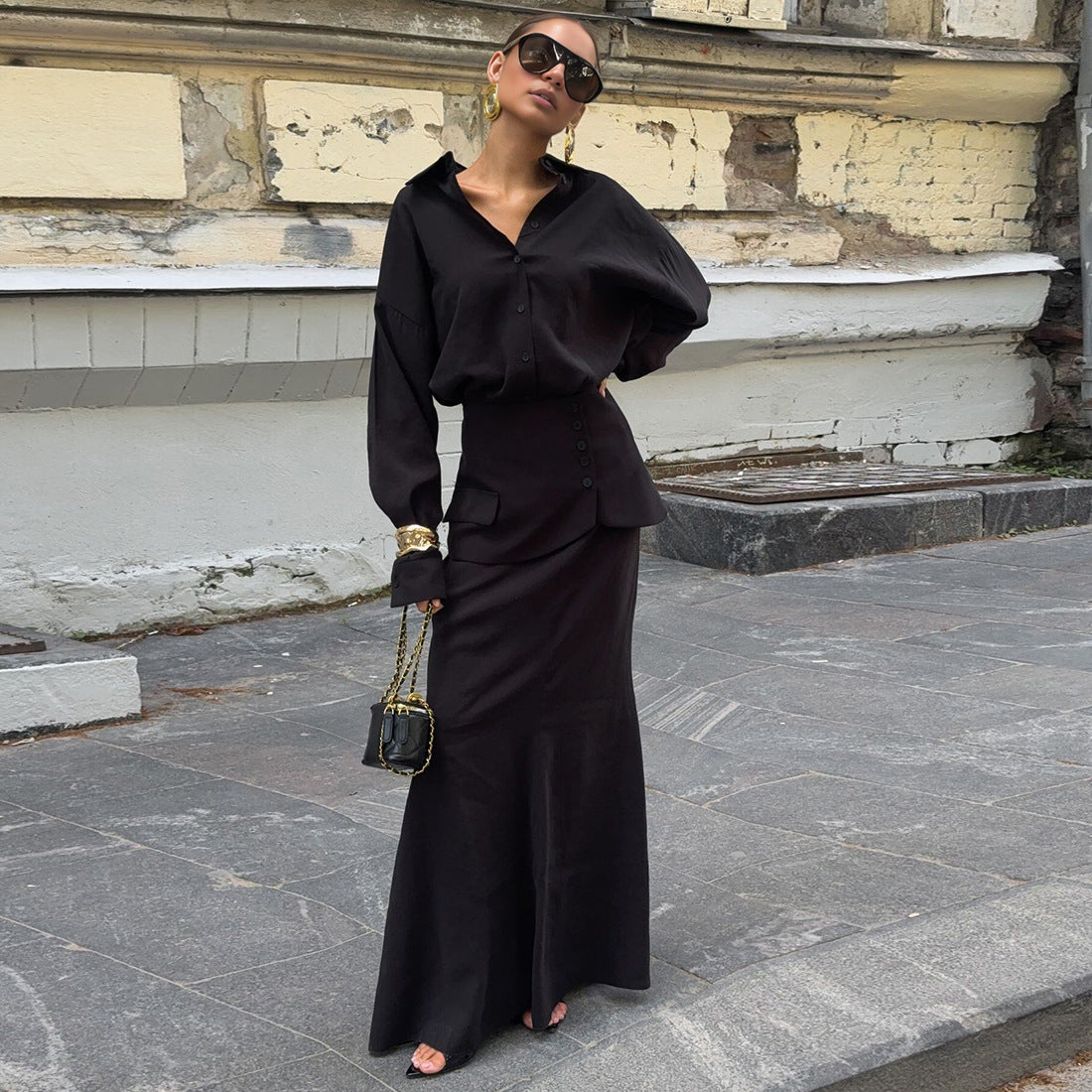 Conjunto elegante de camisa larga y vestido