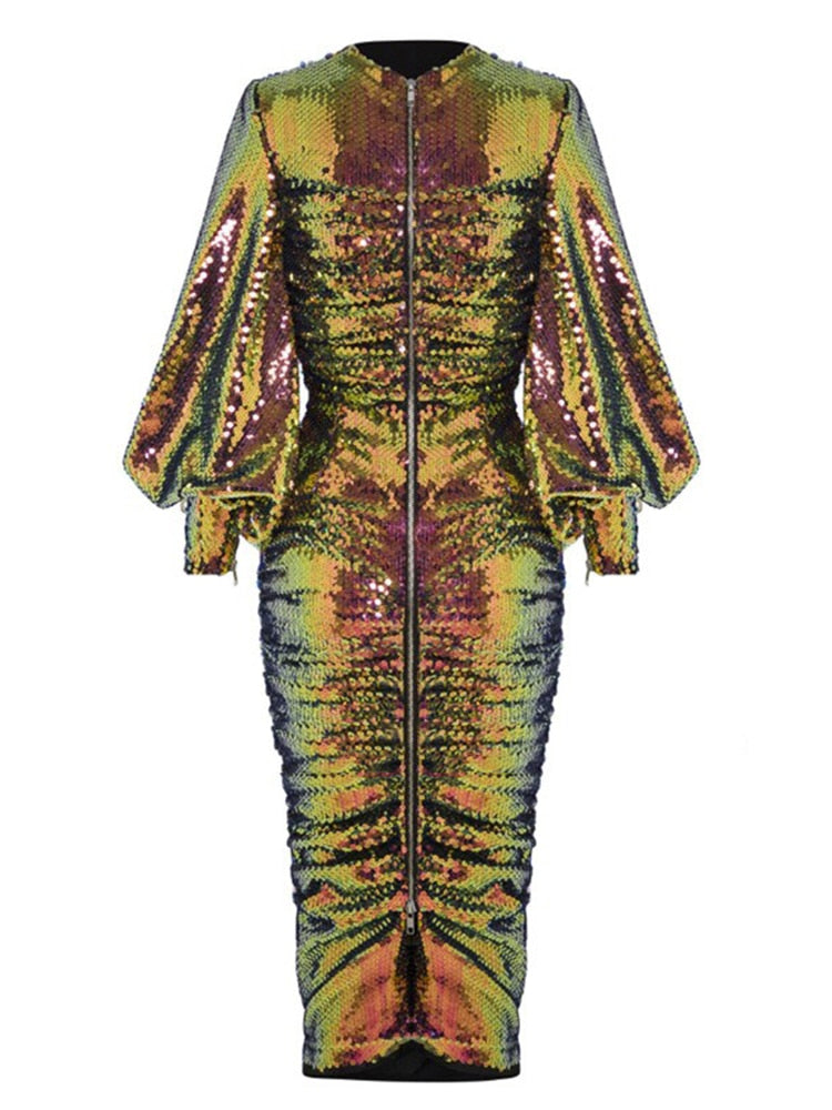 Vestido midi elegante de manga larga y falda evasé