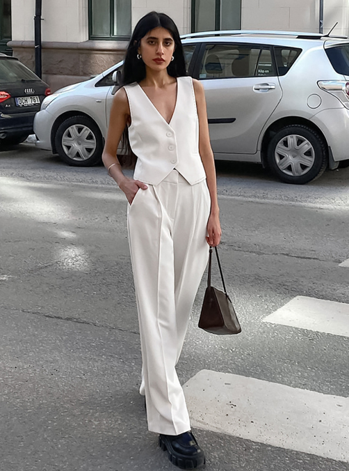 Conjunto blanco de chaleco sin mangas con escote en V y pantalón