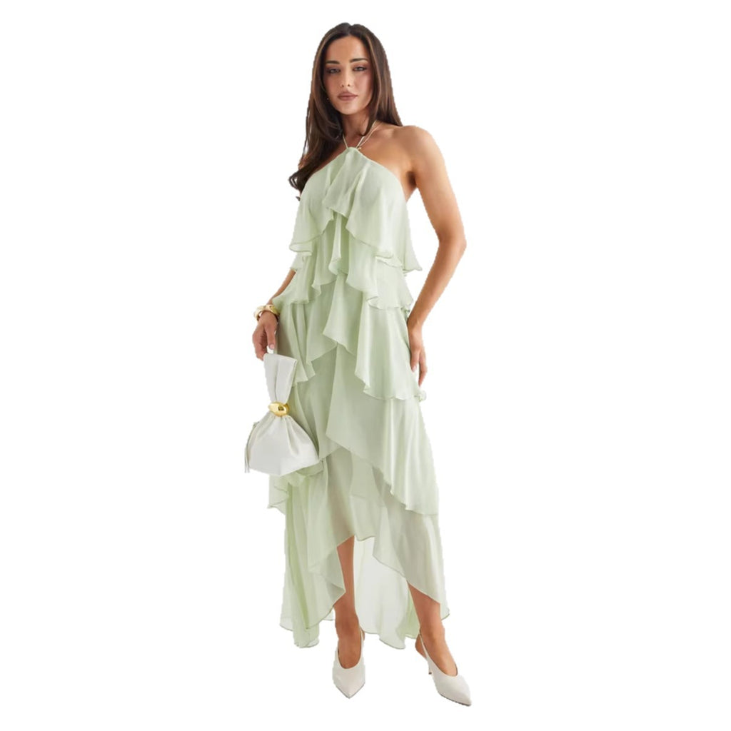Vestido largo sin mangas con volantes y cuello halter