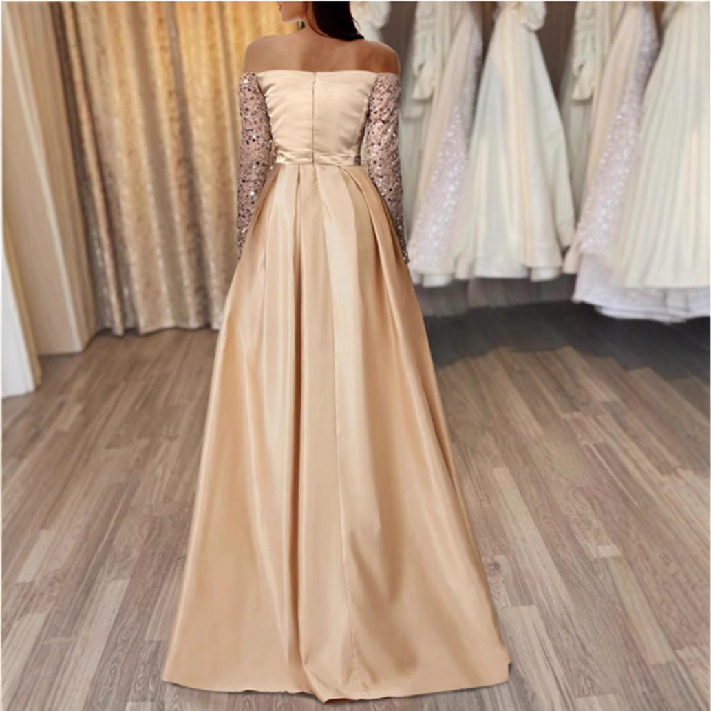 Vestido largo de noche con lentejuelas, escote profundo en V y manga larga