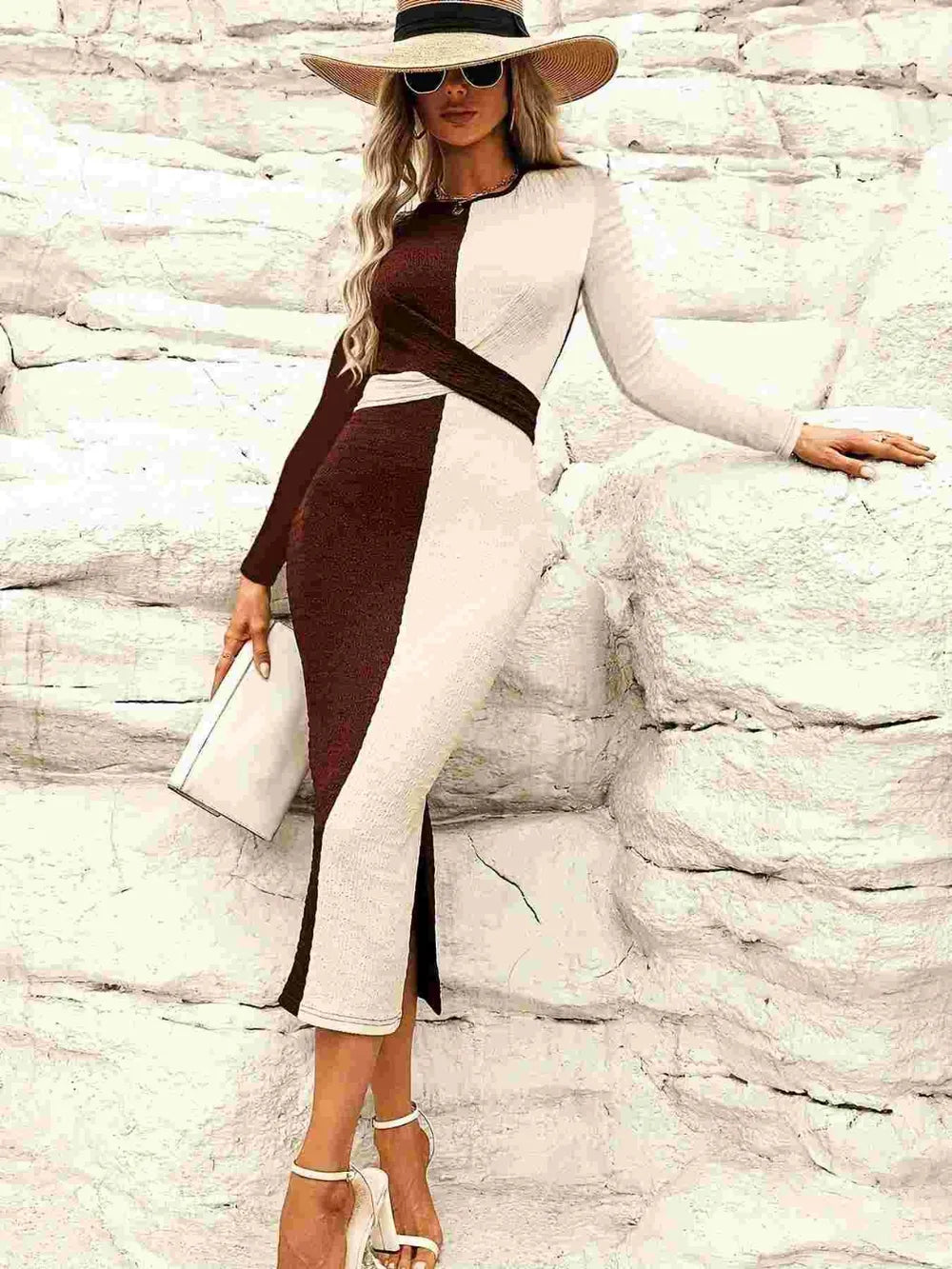 Vestido midi bicolor de manga larga con abertura
